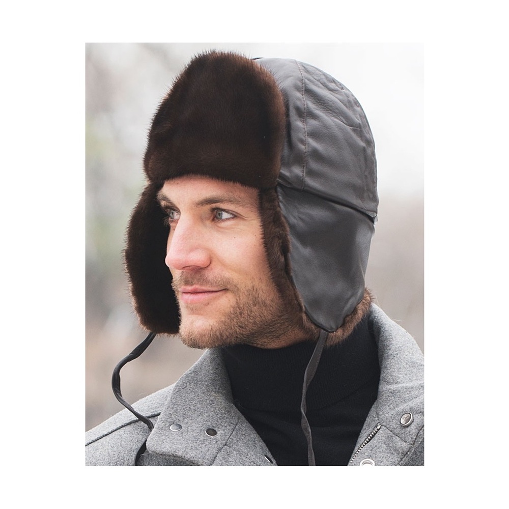 NEW black mink leather trapper hat, lined with real ethical fur